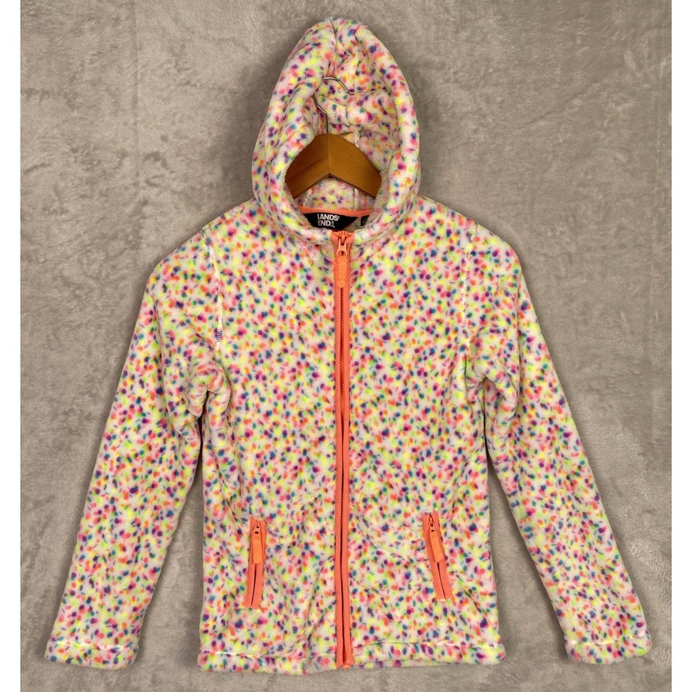 Lands' End Girls Jacket Softest Fleece Pullover Large 10/12 Confetti Spots Dots
